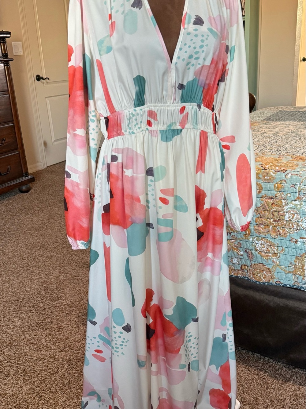 White Maxi Dress with Pink & Teal Abstract Print — V-Neck Elegant Maxi